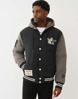 TRUE RELIGION JACKET VARSITY HOODED PUFFER JET BLACK-GRANITE GREY