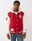 TRUE RELIGION JACKET VARSITY HOODED PUFFER RED-WINTER WHITE