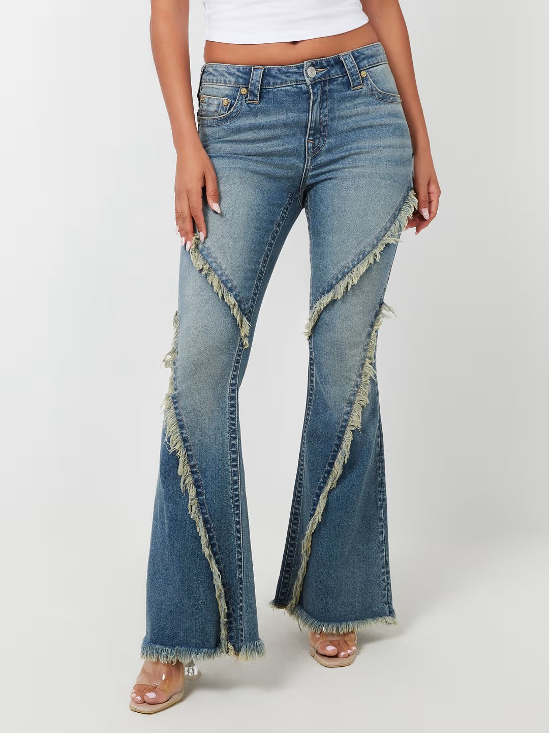 True Religion Jeans Ladies Distressed Frayed Flare Medium Wash