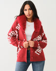 True Religion Fur Collar Aop Sweater Red Dahlia