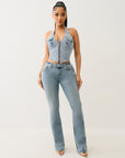 True Religion Zip Front Halter Denim Top Aqua Marine