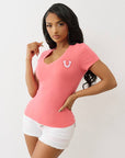 True Religion Crystal Buddha V Neck Tee Sunkist Coral
