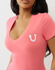 True Religion Crystal Buddha V Neck Tee Sunkist Coral