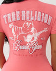 True Religion Crystal Buddha V Neck Tee Sunkist Coral