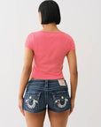 True Religion Half Zip Cap Sleeve Rib Top Sunkist Coral