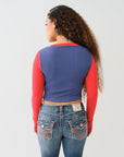 True Religion Contrast Ribbed Scoop Neck Ls Blue / Red