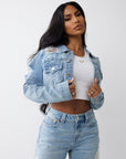 True Religion Heavily Destroyed Crop Jacket Aqua Marine W Destroy