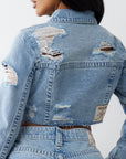 True Religion Heavily Destroyed Crop Jacket Aqua Marine W Destroy