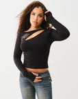 True Religion Crystal Cutout Sweater Top Jet Black