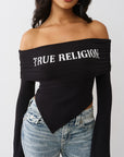 True Religion T-Shirt Printed Crystal Asym Off Shoulder Jet Black