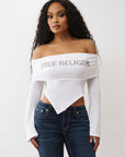 True Religion T-Shirt Printed Crystal Asym Off Shoulder Optic White