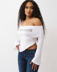 True Religion T-Shirt Printed Crystal Asym Off Shoulder Optic White