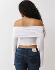 True Religion T-Shirt Printed Crystal Asym Off Shoulder Optic White