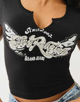 True Religion Crystal Wing V Notch Tee Jet Black
