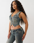 True Religion Top Lace Up Denim Warm Sand