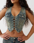 True Religion Top Lace Up Denim Warm Sand