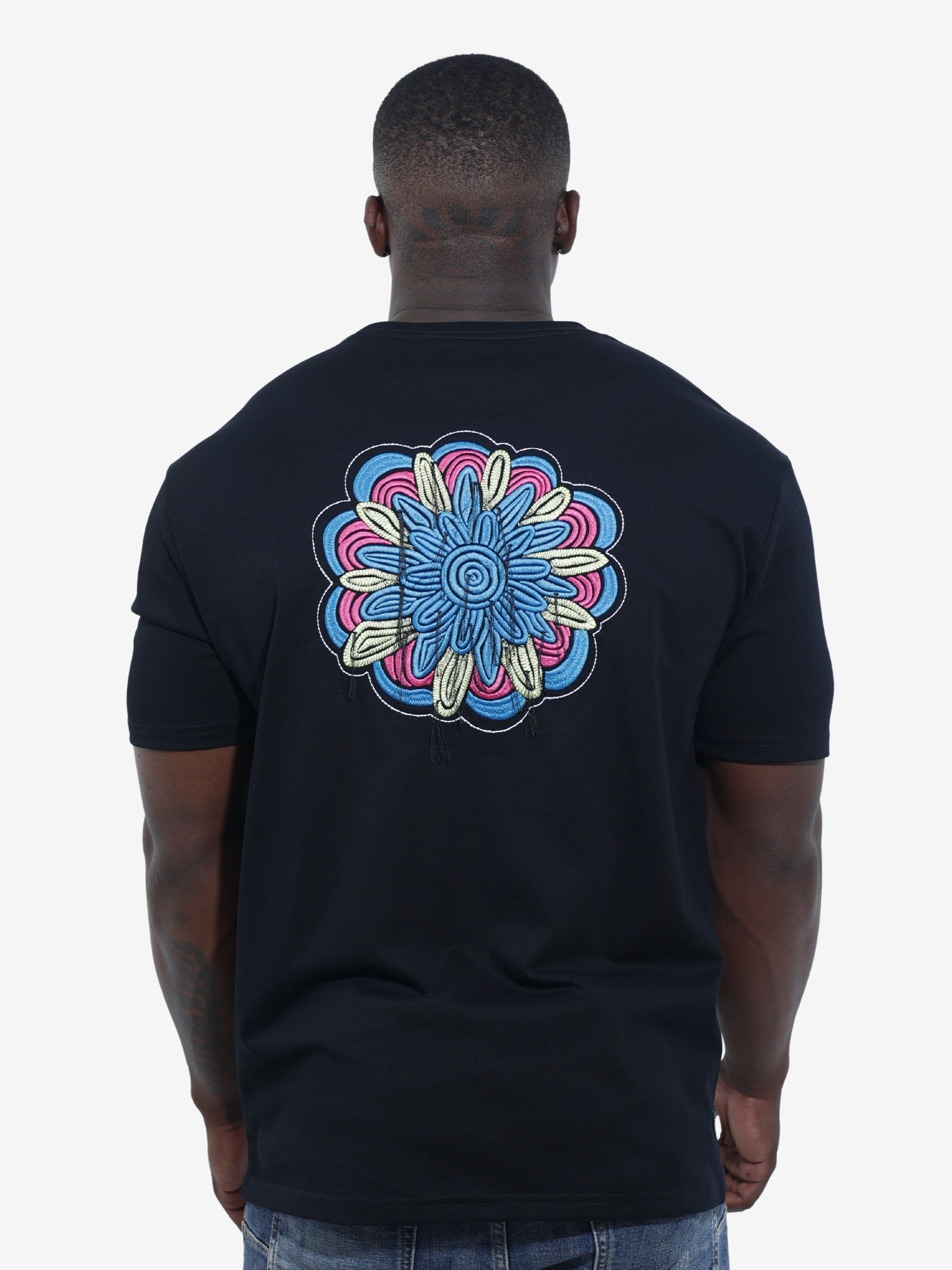 Capone T-Shirt Mexican Embroidered Flower Black-Blue – AL Capone