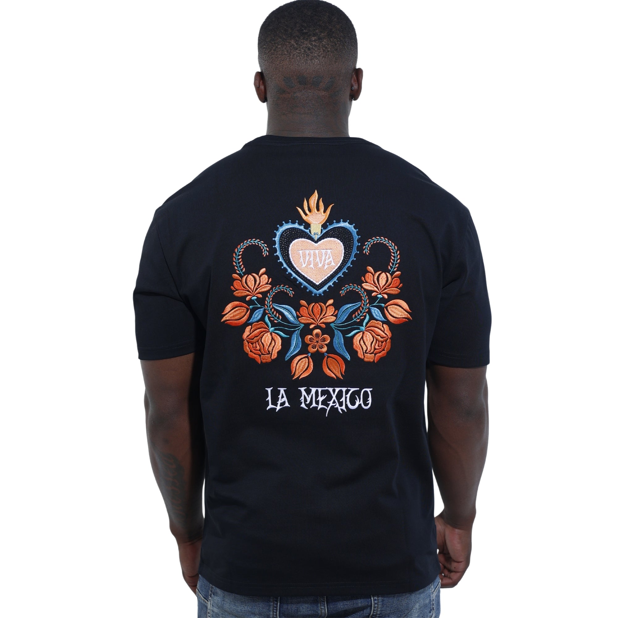 Capone T-Shirt Mexican Embroidered Viva La Mexico Black-Orange-AL Capone Premium