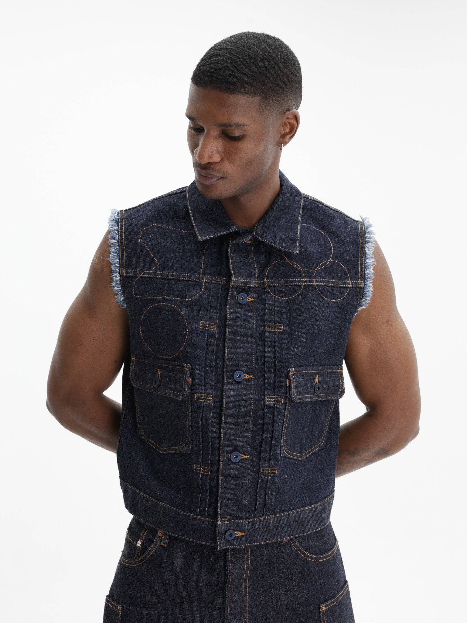 KENZO デニムラップベスト Mサイズ Kenzo Trucker Cut Off Badges Dm Rinse Blue Denim - AL Capone Premium
