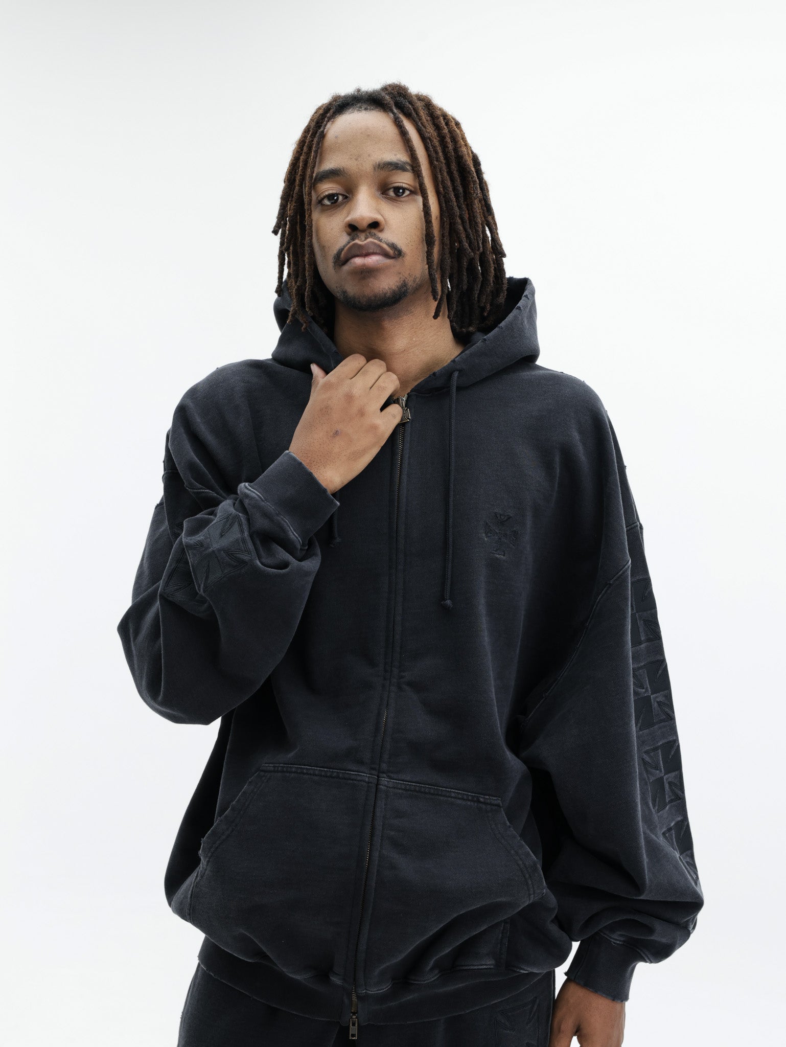 Vetements Hoodie Embroidered Biker Cross Sleeves Zip-Up Black - AL