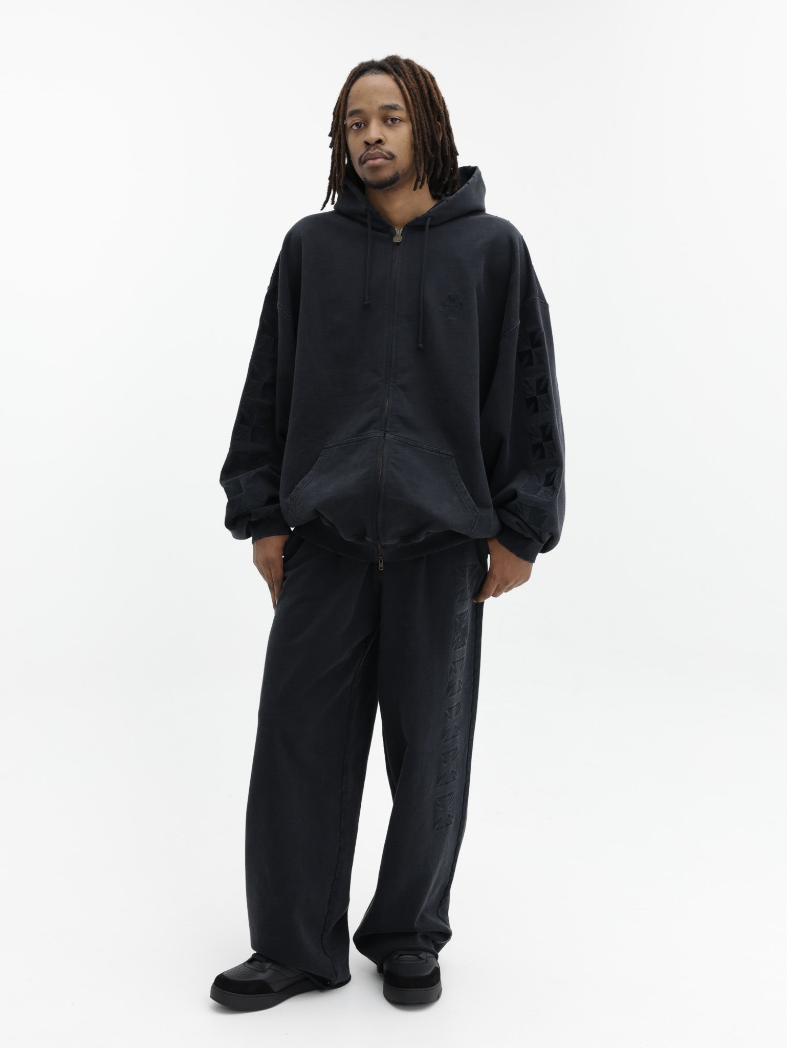 Vetements Hoodie Embroidered Biker Cross Sleeves Zip-Up Black - AL