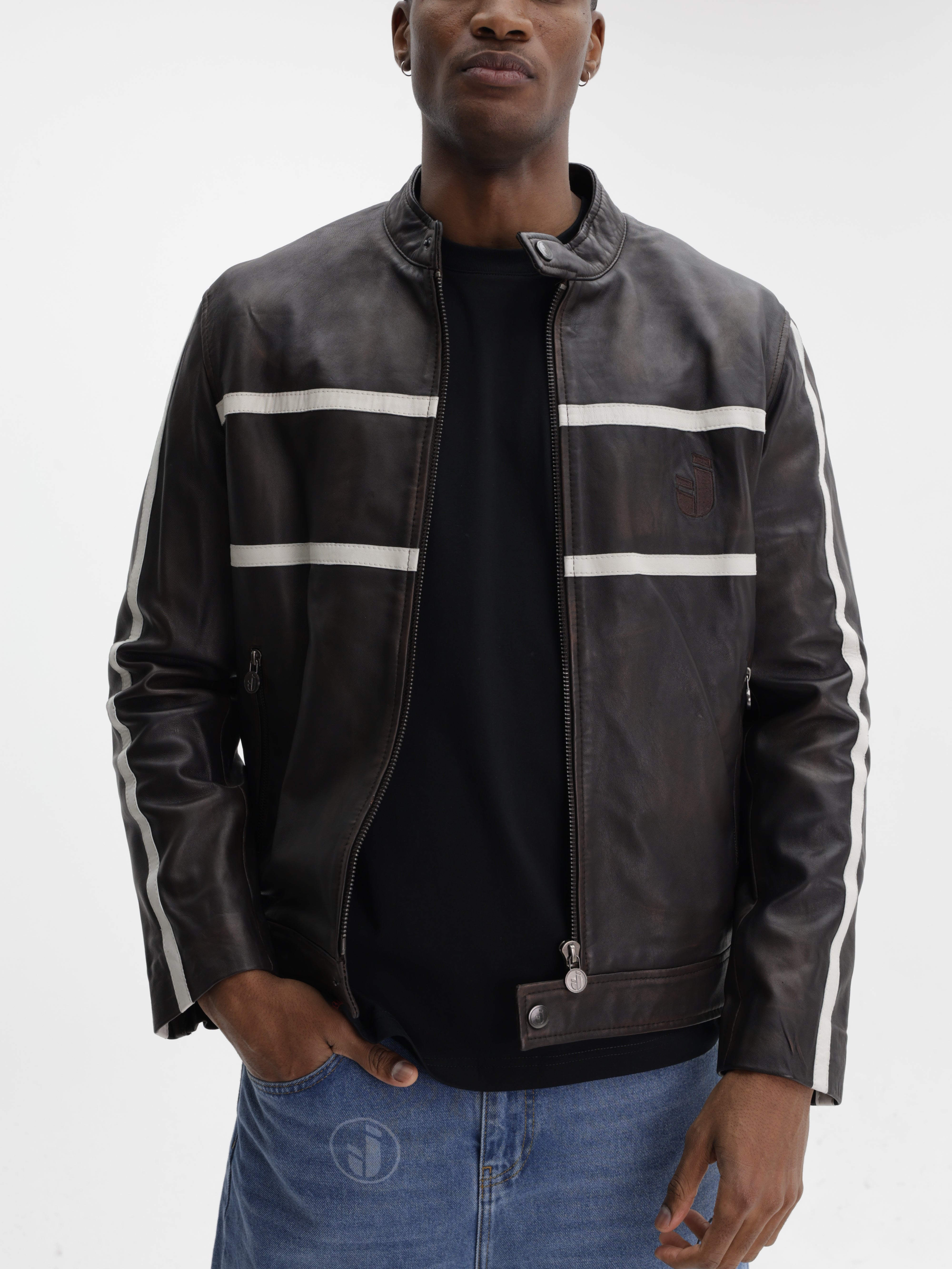 Iceberg Jeans Jacket White Stripe Leather Black - AL Capone Premium