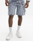 Ice Cream Shorts Repeat Print Denim Heavy Wash Blue