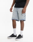 Purple Shorts Black Paint Splatter Light Wash
