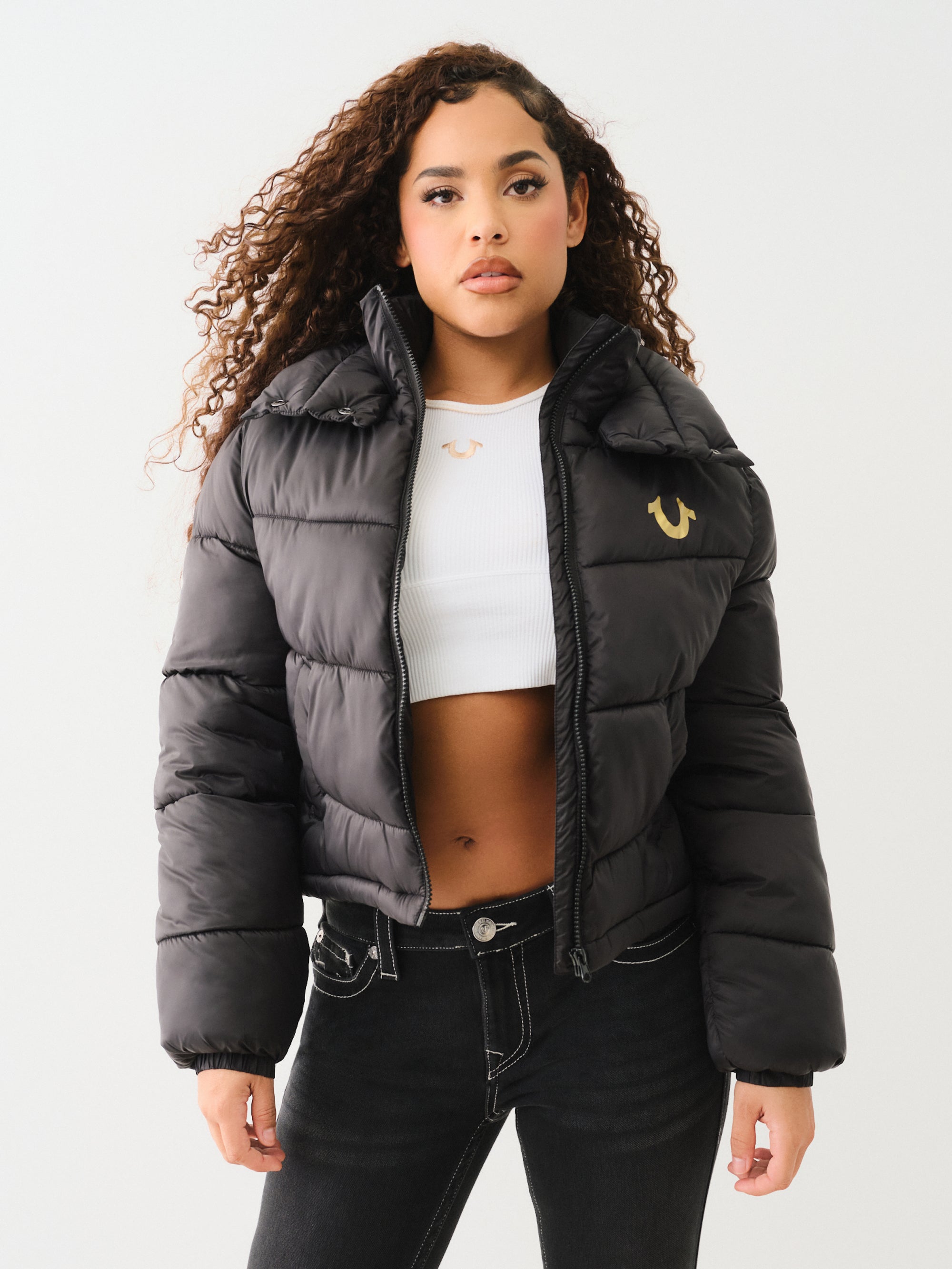 True Religion Double Collar Puffer Jacket Jet Black-AL Capone Premium