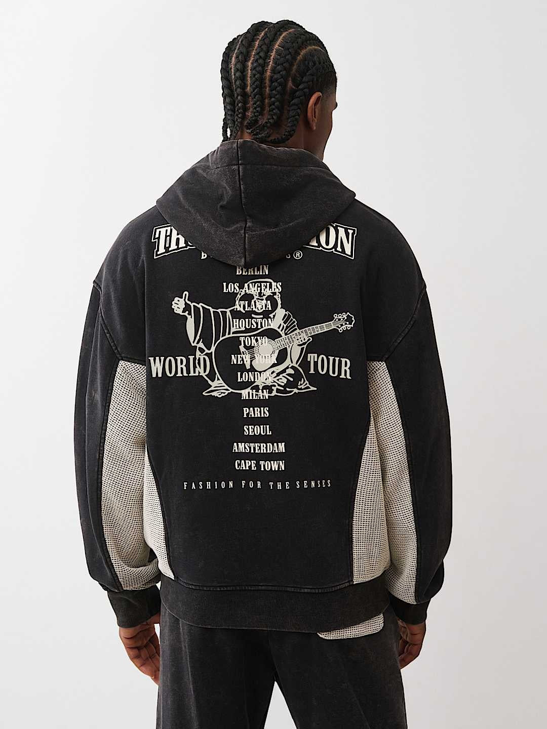 True Religion Hoodie Mesh Inset Rust Cinched Up Jet Black - AL