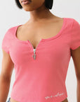 True Religion Half Zip Cap Sleeve Rib Top Sunkist Coral
