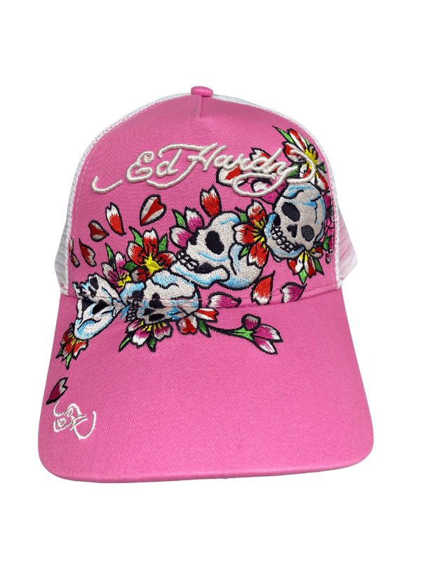 Ed Hardy Cap Skull-Blossom Twill Trucker Pink-White - AL Capone PremiumAccessoriesHeadwear1197-26