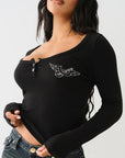 True Religion Scoop Neck Ls Henley Rib Top Jet Black