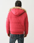 True Religion Big T Fur Hood Puffer Jacket Red Dahlia
