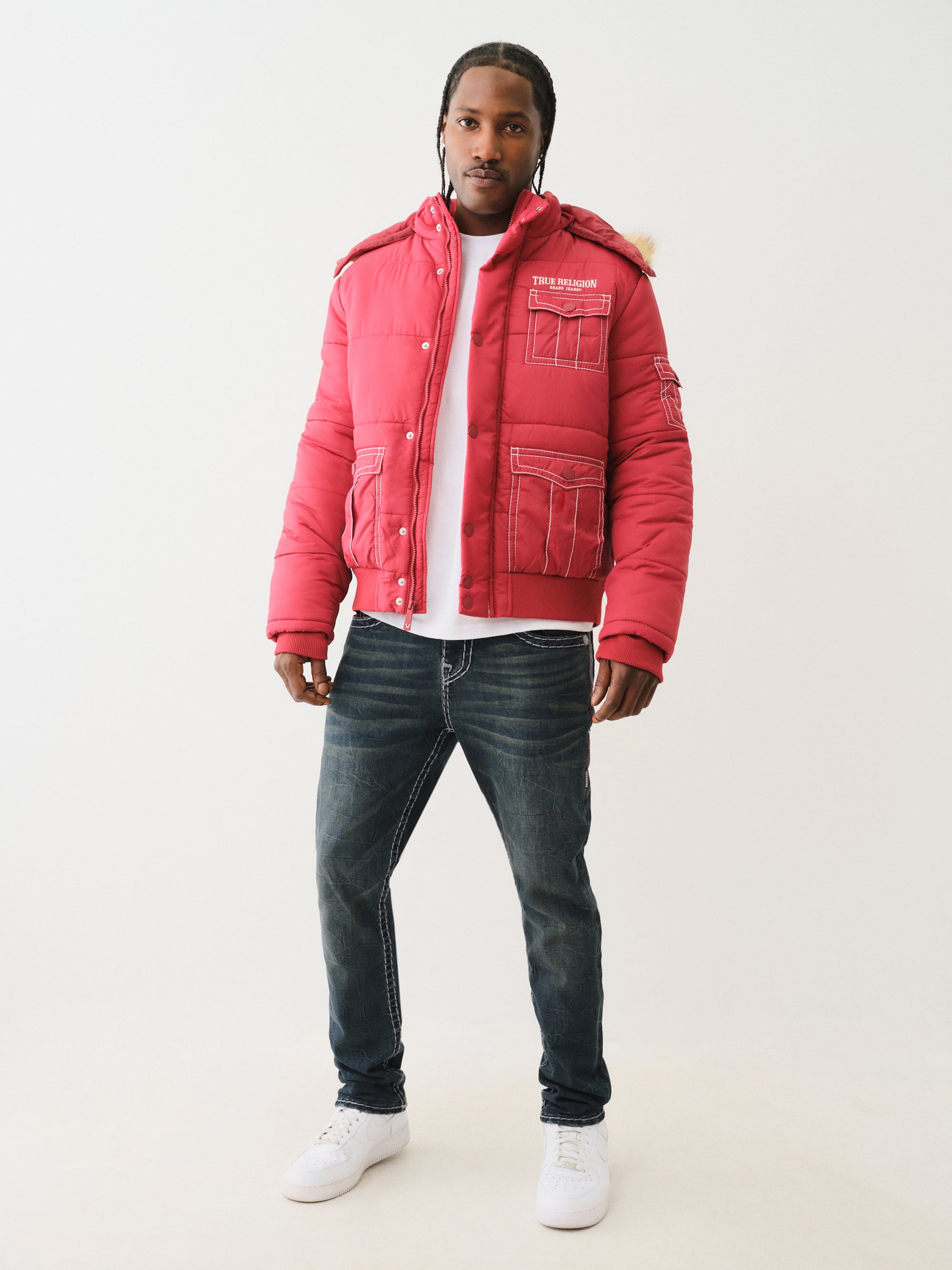 True Religion Big T Fur Hood Puffer Jacket Red Dahlia – AL Capone