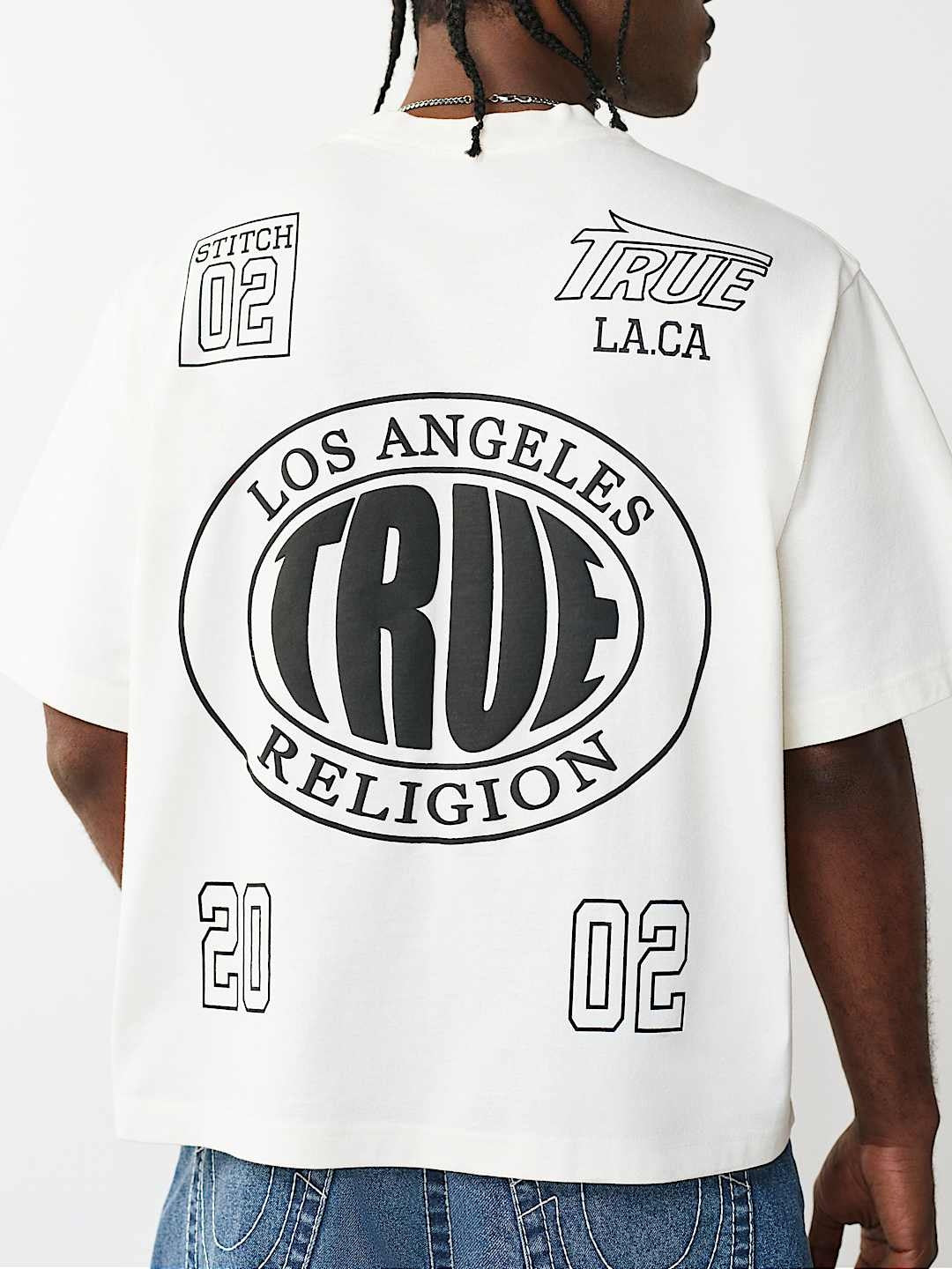 True Religion T-Shirt Ss Print Mesh Stacked Logo Winter White