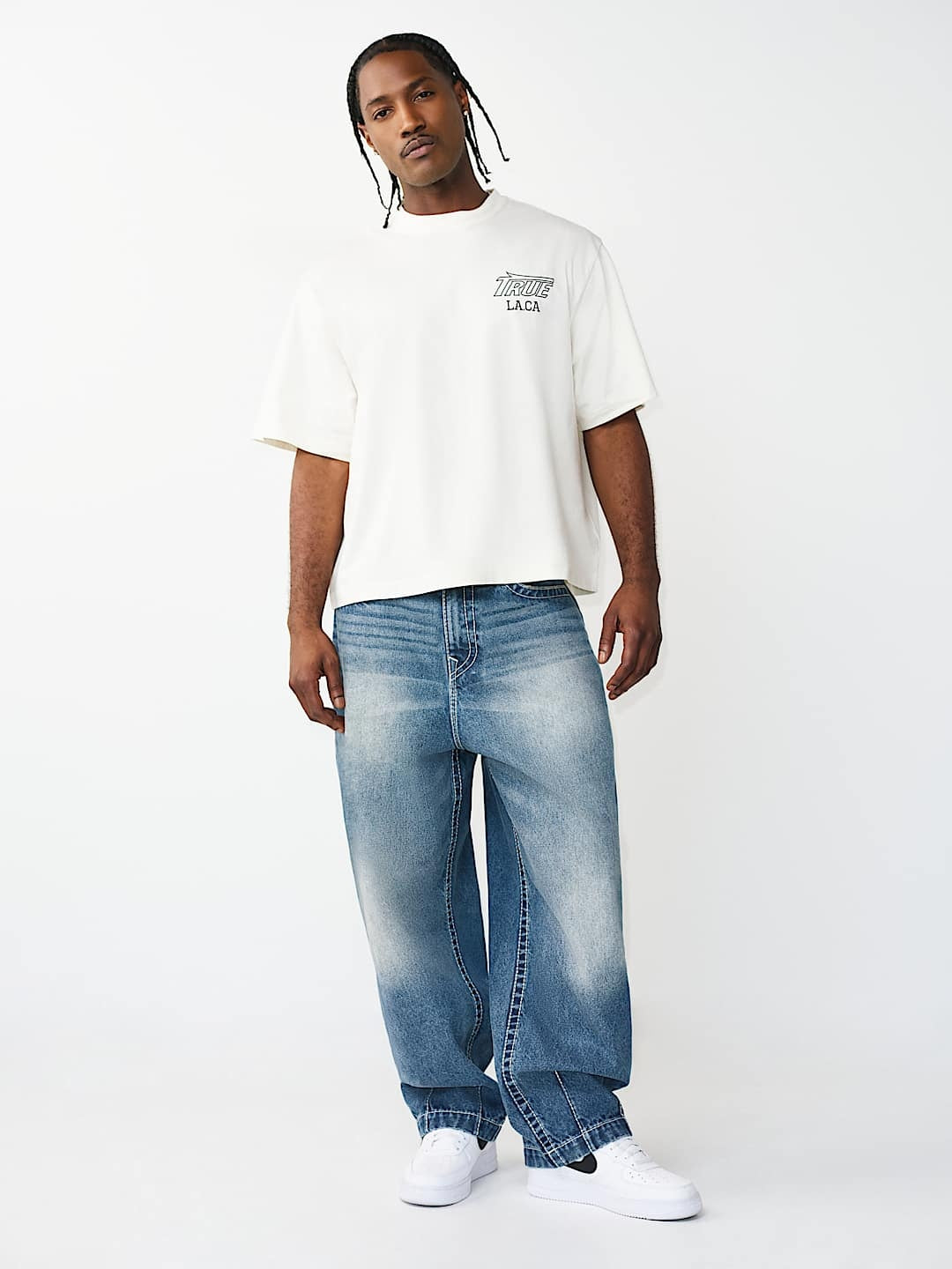True Religion T-Shirt Ss Print Mesh Stacked Logo Winter White