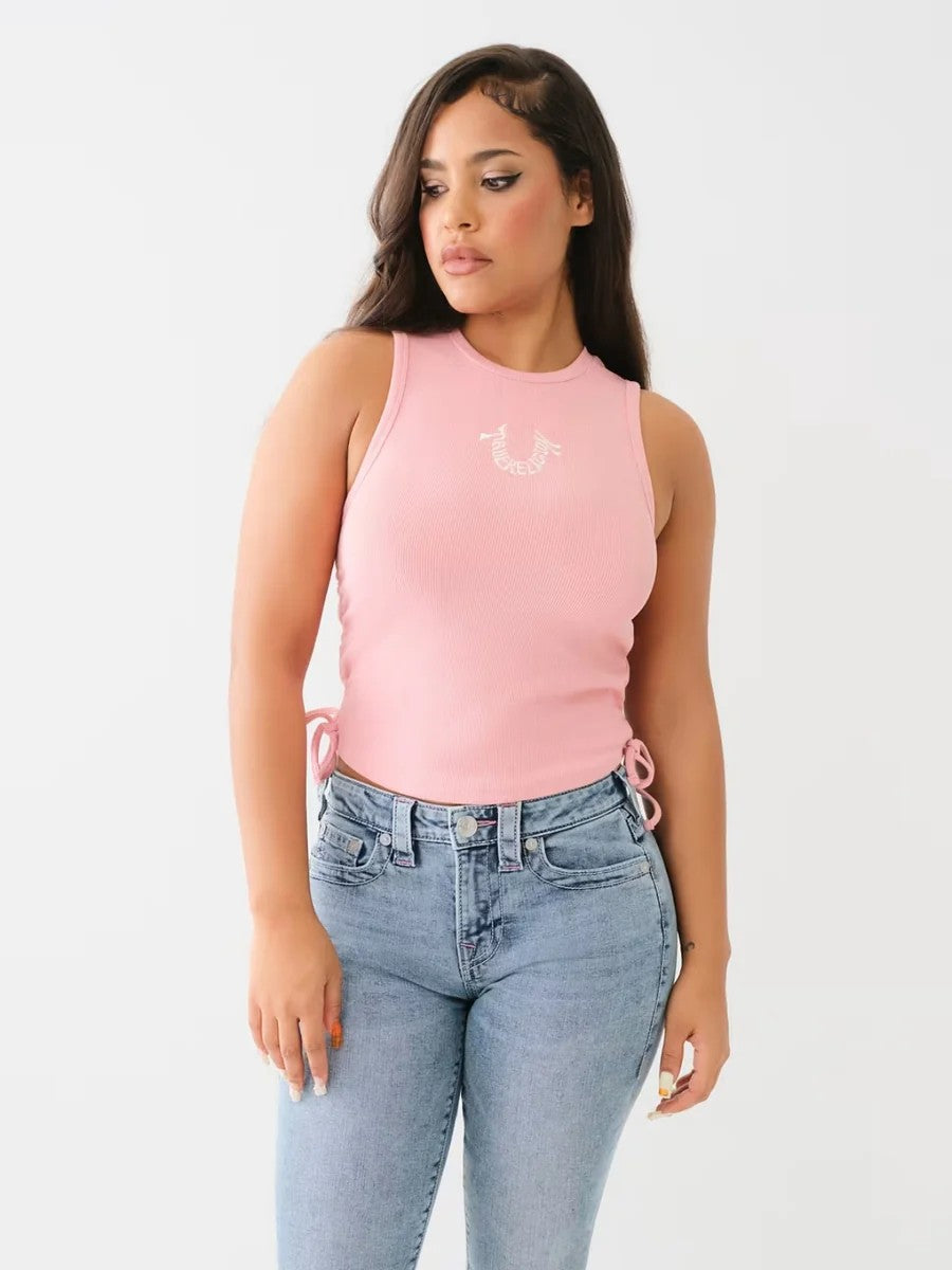 True Religion Crew Ladies Embroidery Side Ruched Tank Rosebud-AL Capone Premium