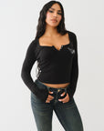 True Religion Scoop Neck Ls Henley Rib Top Jet Black