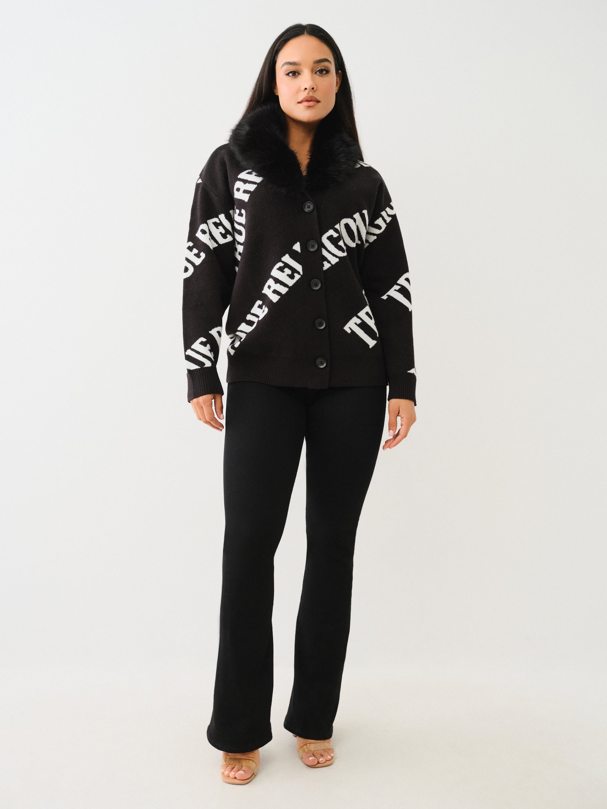 True Religion Fur Collar Aop Sweater Jet Black
