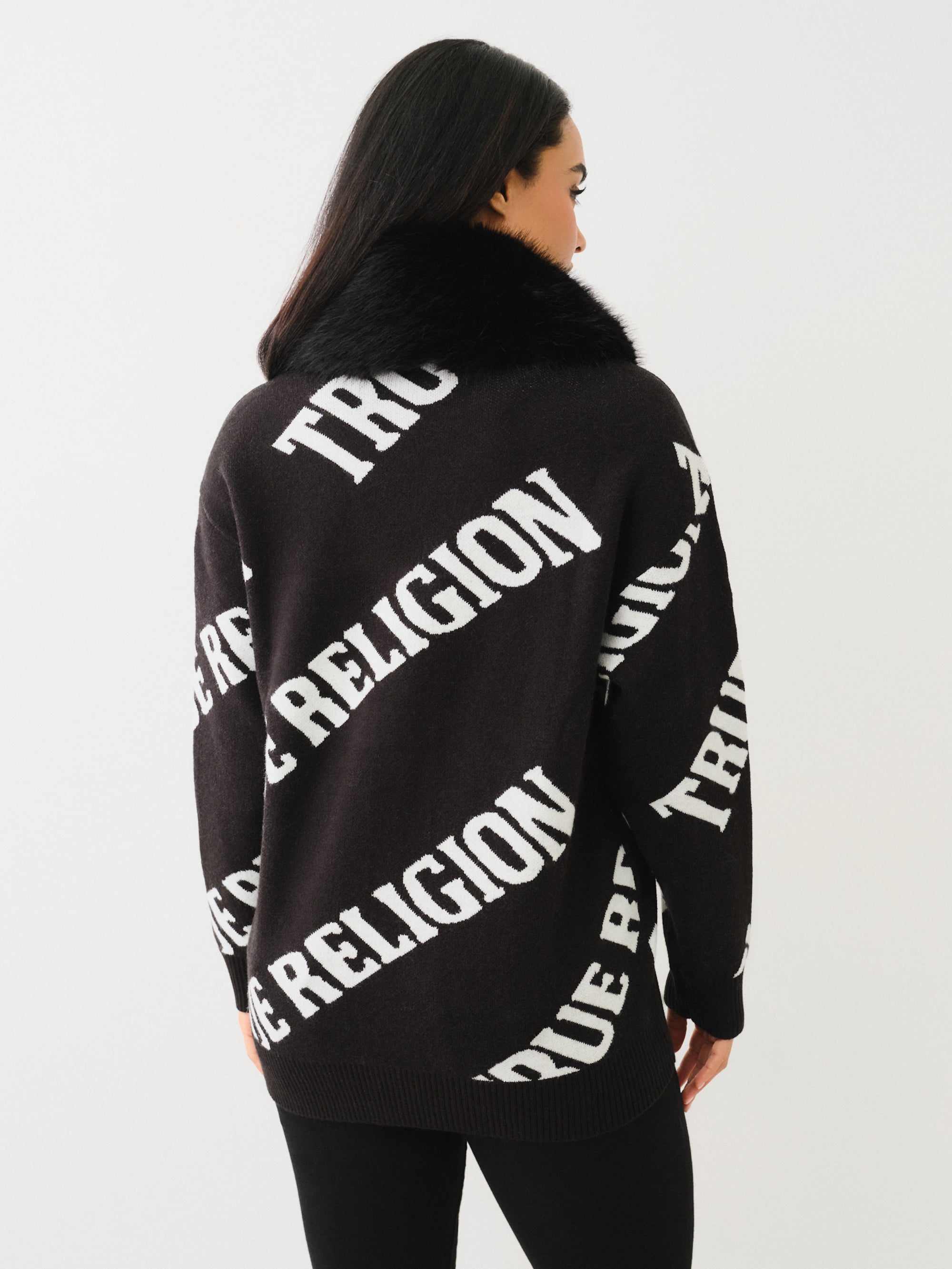 True Religion Fur Collar Aop Sweater Jet Black