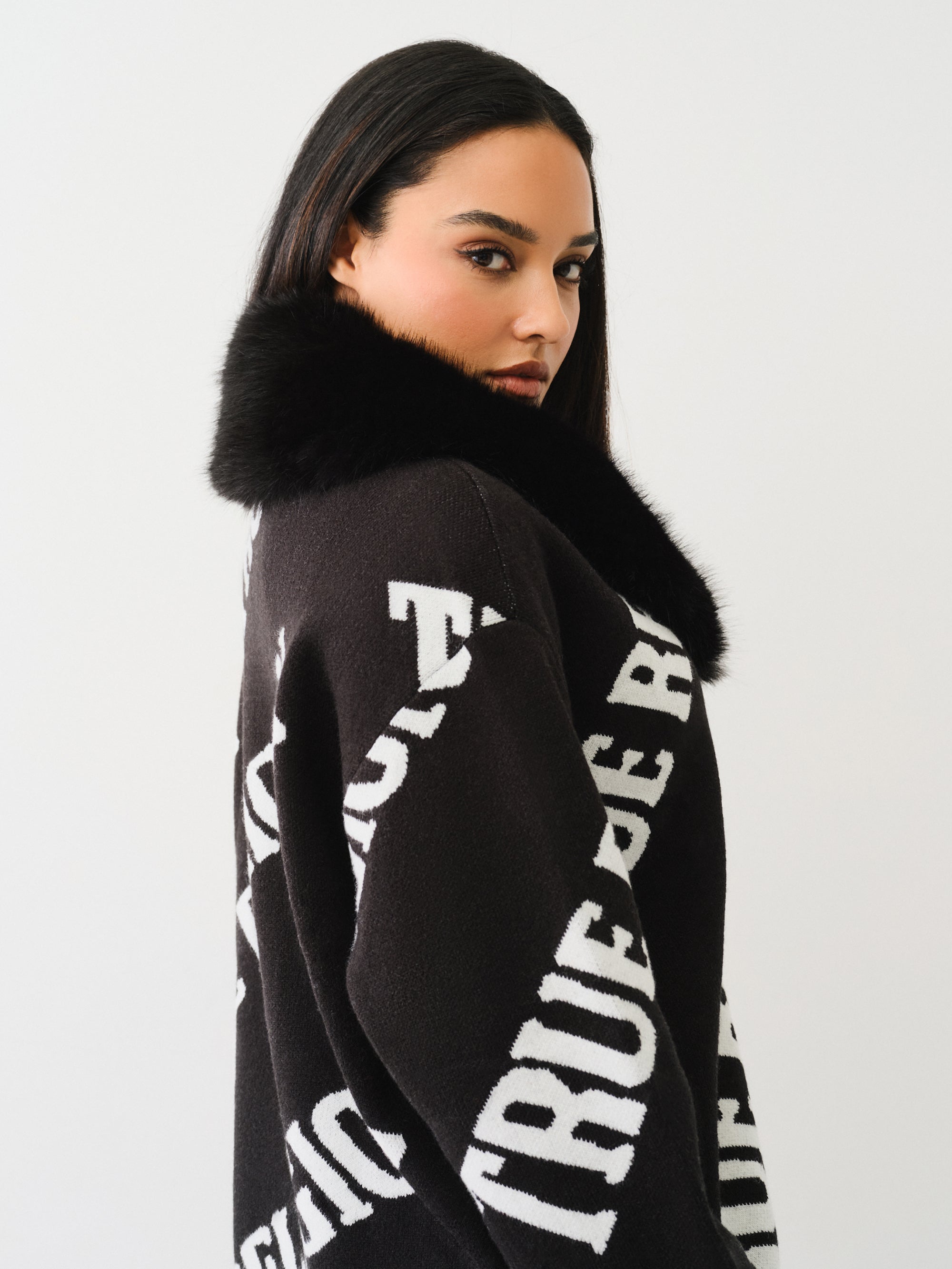 True Religion Fur Collar Aop Sweater Jet Black