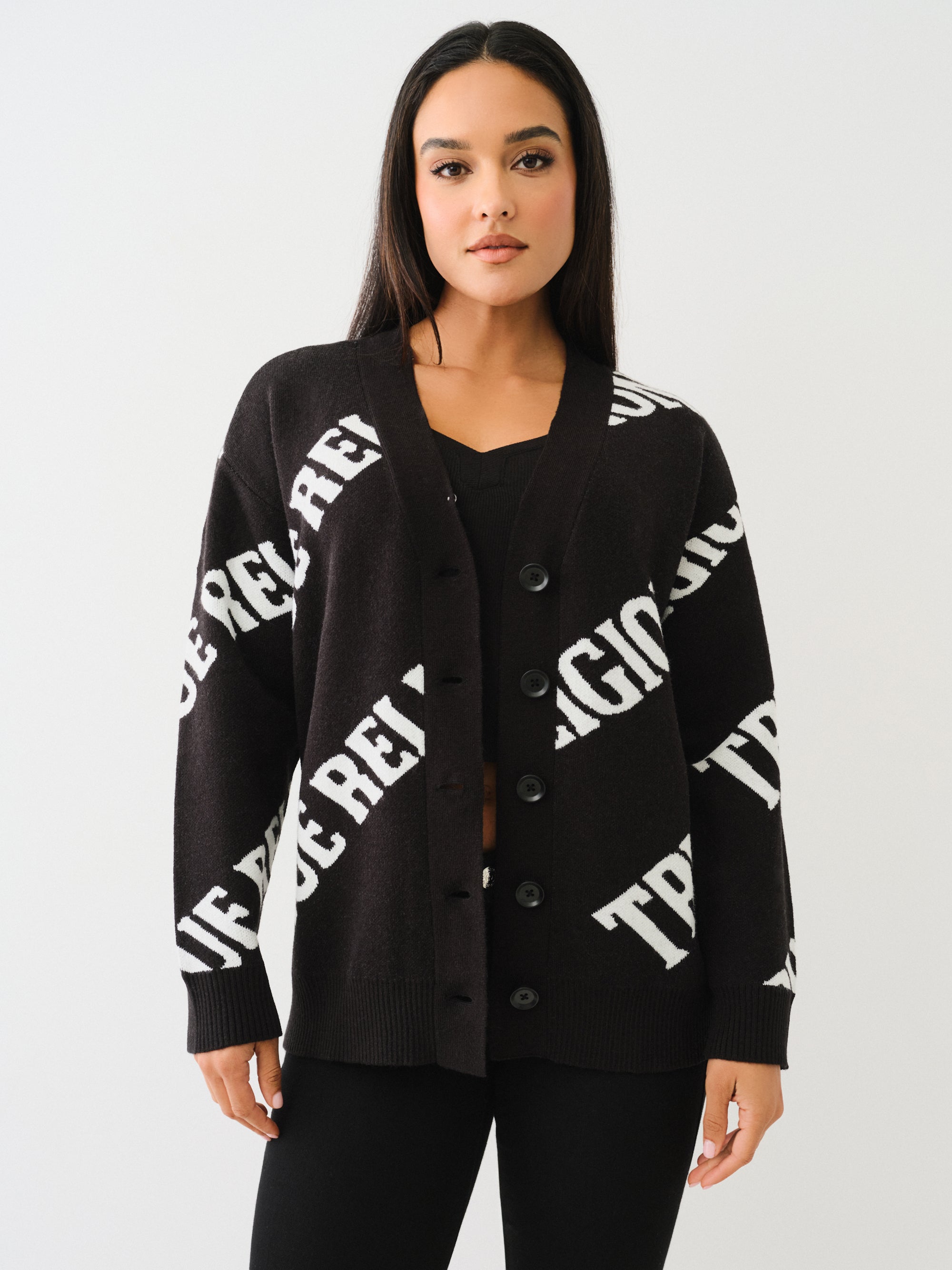 True Religion Fur Collar Aop Sweater Jet Black