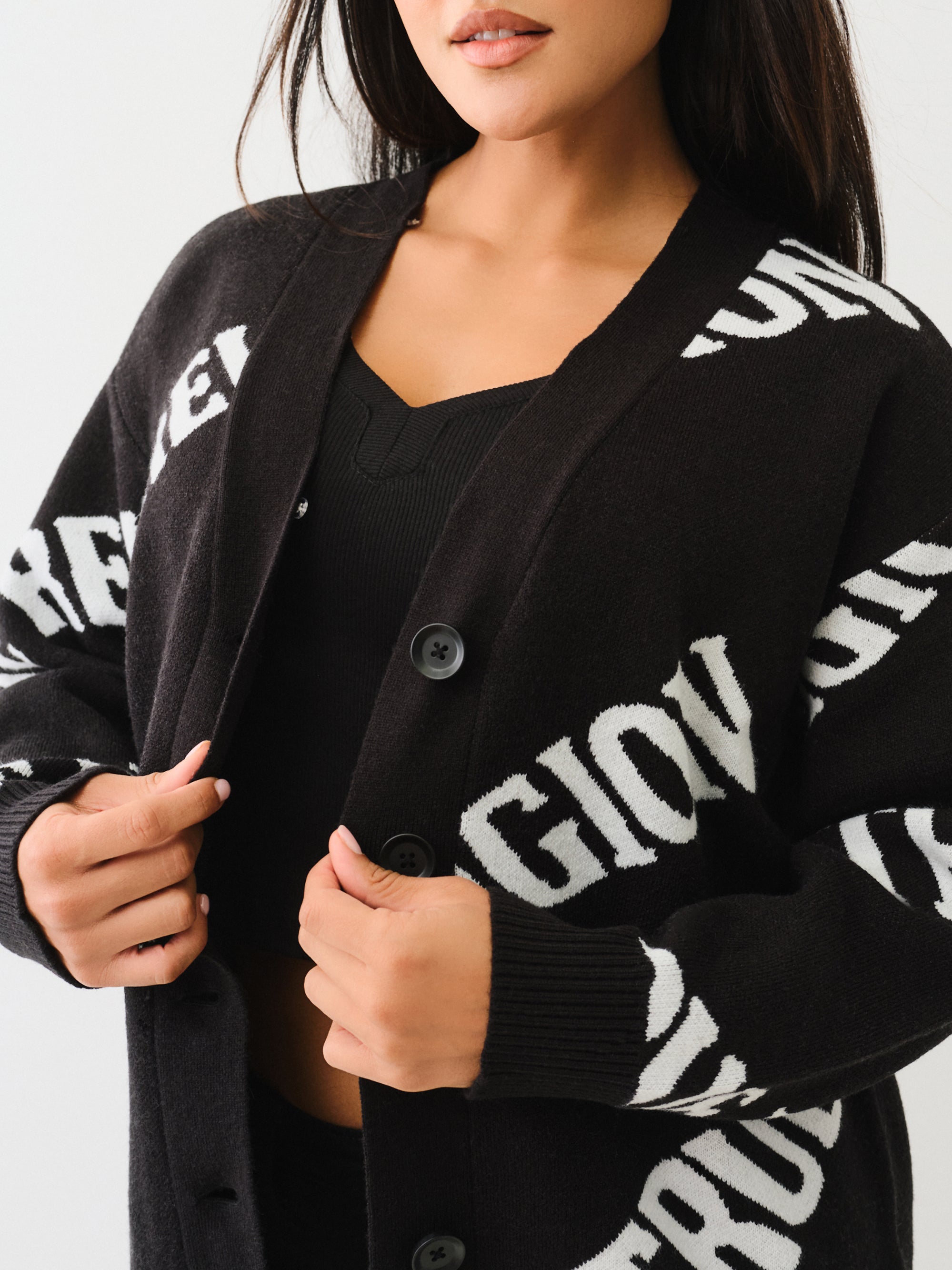 True Religion Fur Collar Aop Sweater Jet Black