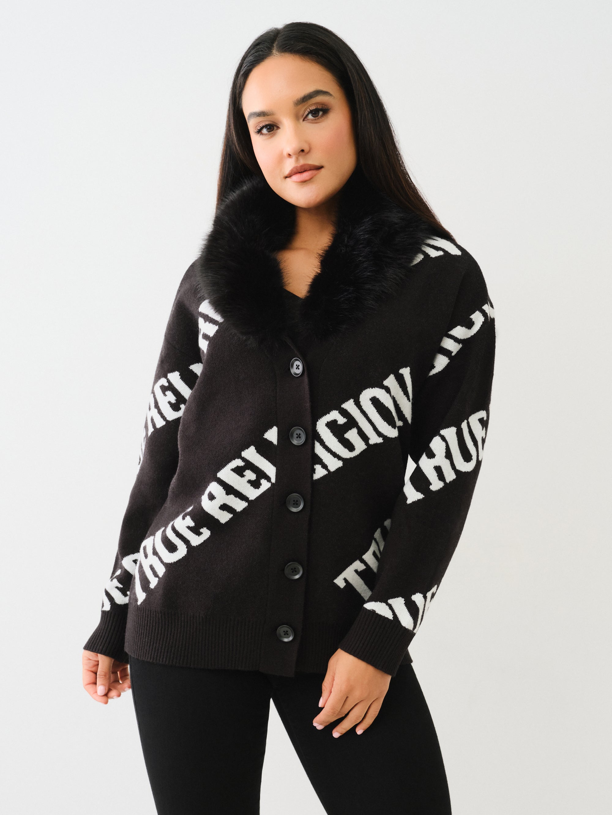 True Religion Fur Collar Aop Sweater Jet Black