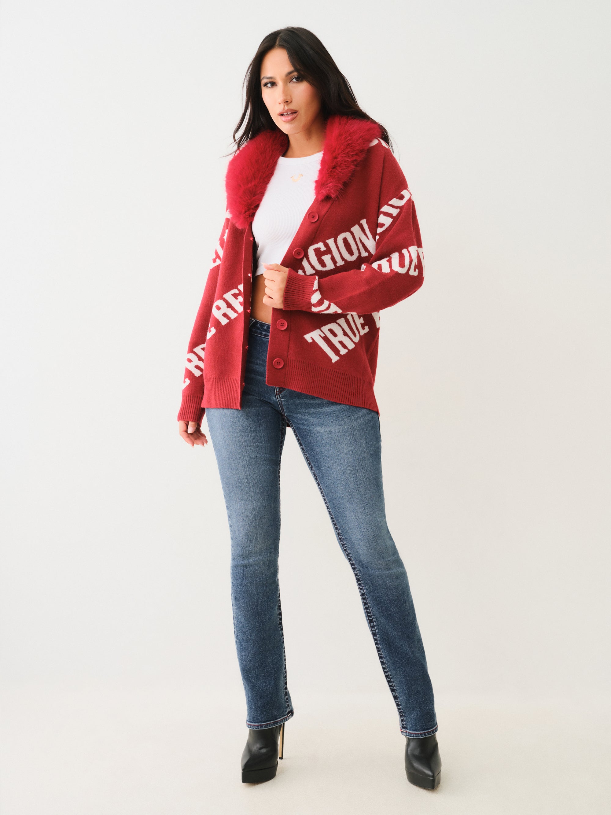 True Religion Fur Collar Aop Sweater Red Dahlia