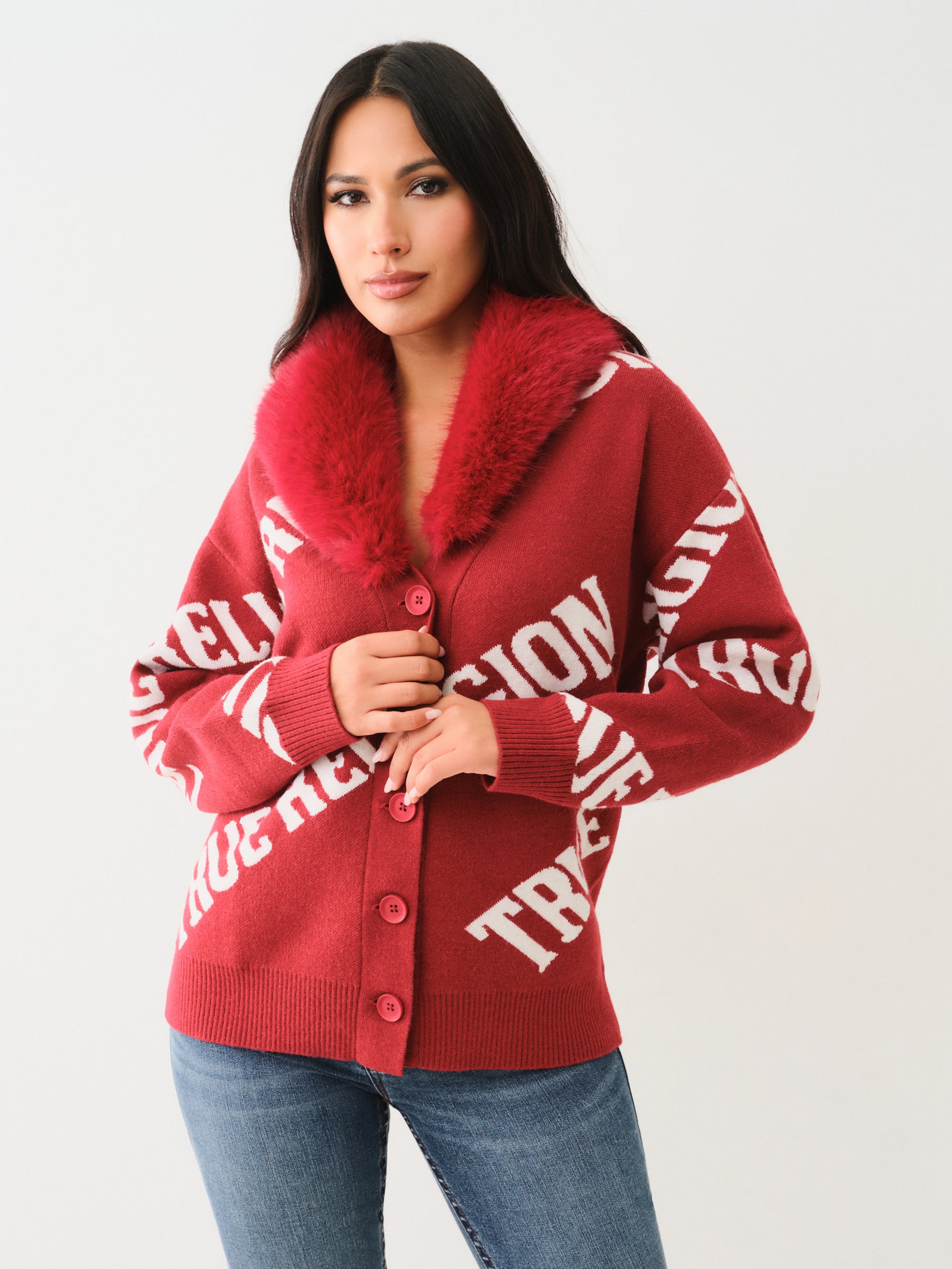True Religion Fur Collar Aop Sweater Red Dahlia