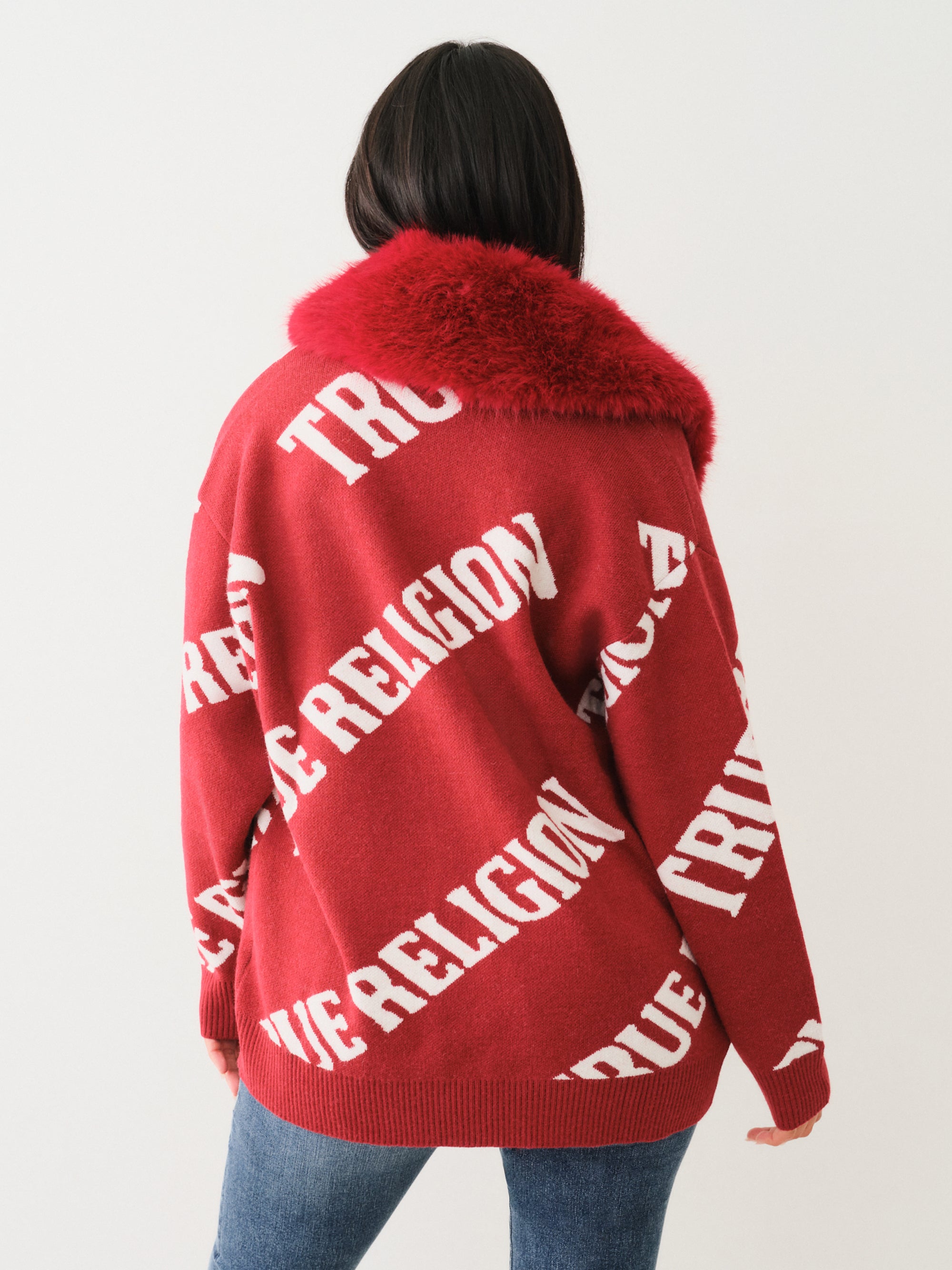 True Religion Fur Collar Aop Sweater Red Dahlia