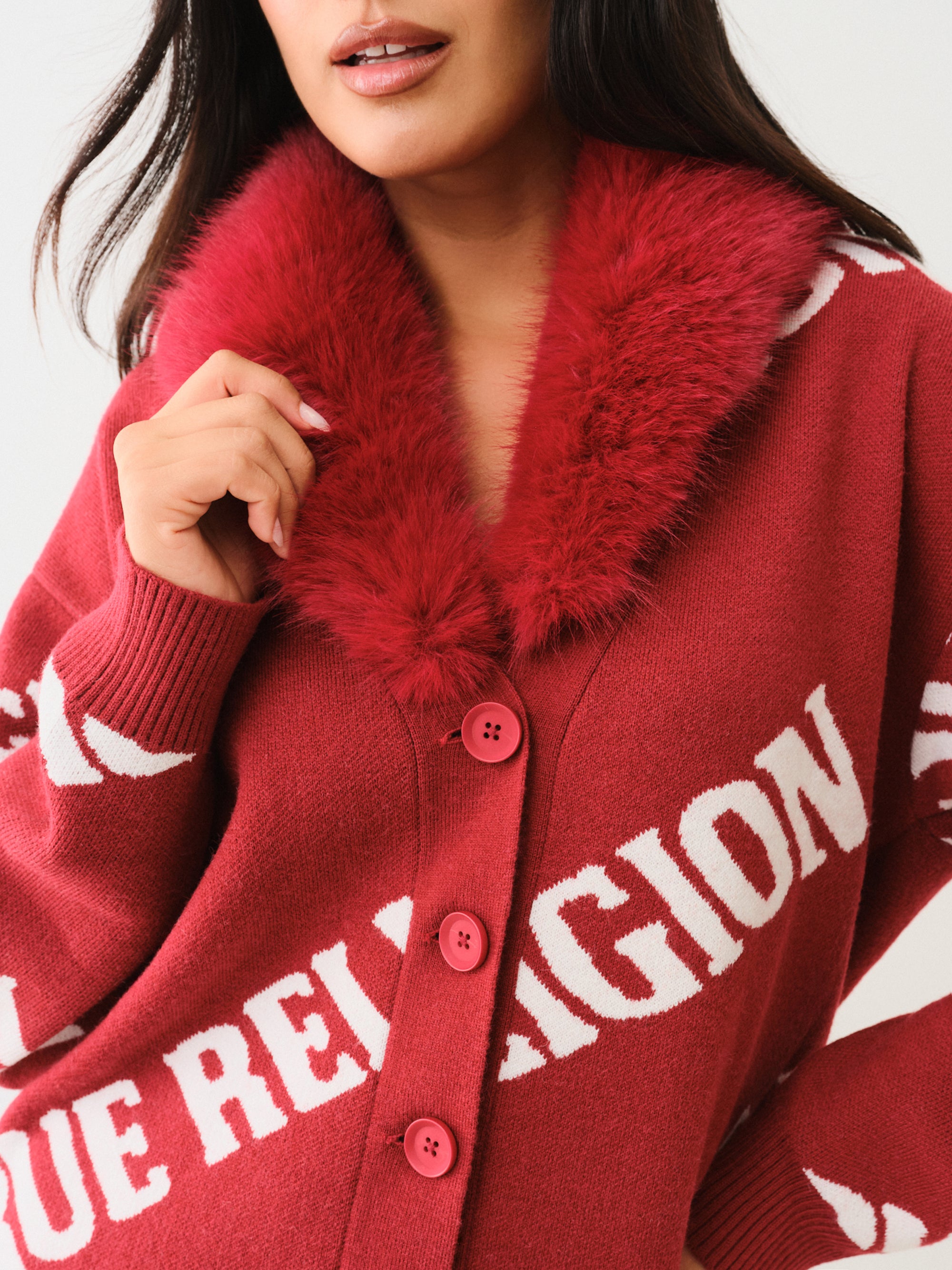 True Religion Fur Collar Aop Sweater Red Dahlia