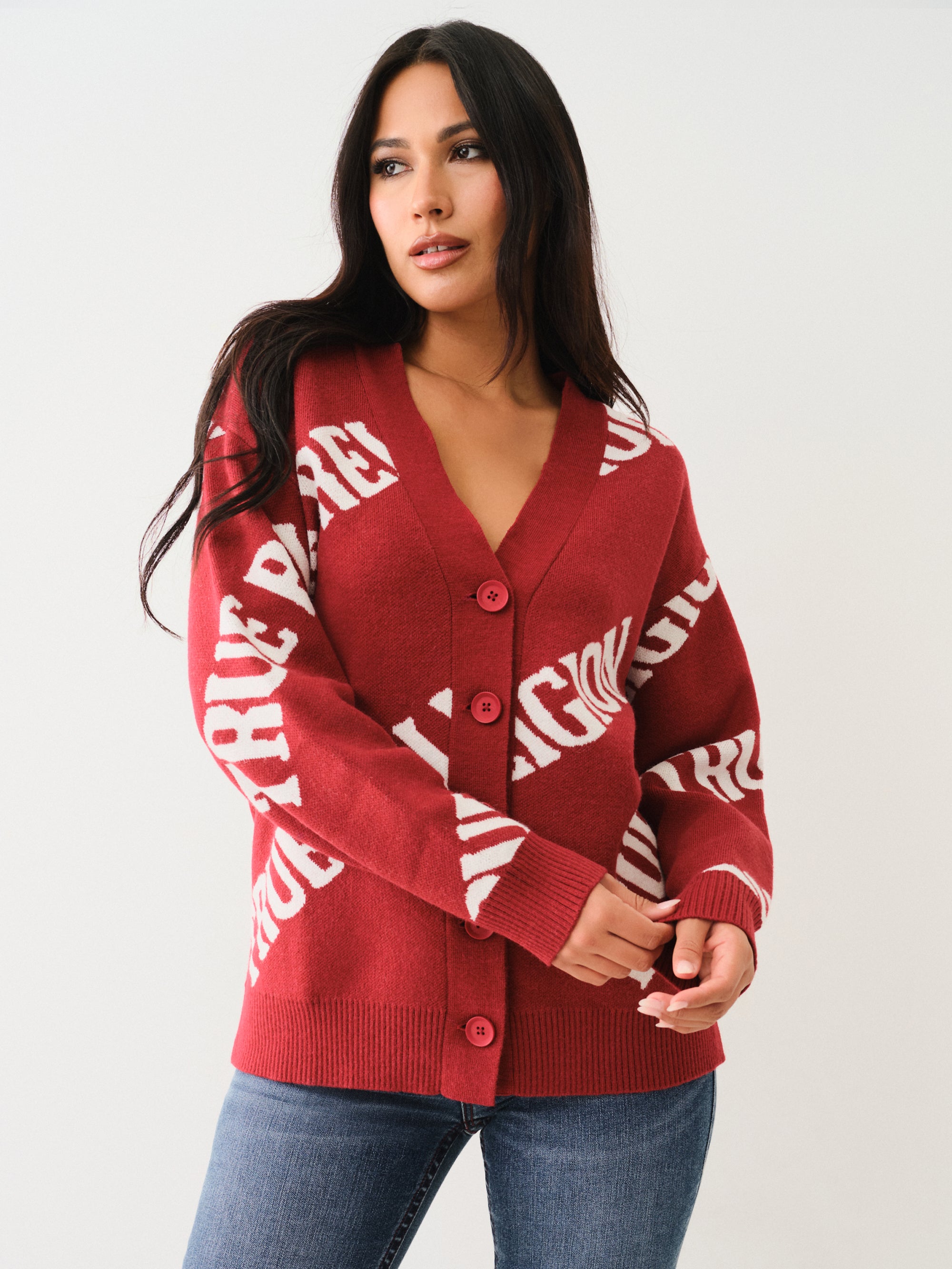 True Religion Fur Collar Aop Sweater Red Dahlia